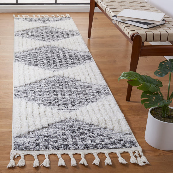 Safavieh Moroccan Tassel Shag Area Rug - Luxurious Geometric Design, Soft Comfort, Stylish Home Decor Addition Grey ,Ivory Polypropylene Pile Mts624f-4