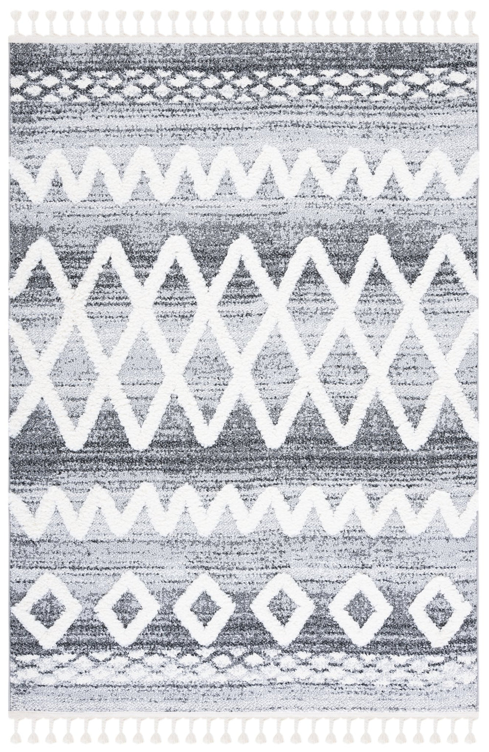 Safavieh Moroccan Tassel Shag Area Rug - Luxurious 9x12 Plush Design For Modern Homes, Oeko-tex Certified Grey ,Ivory Polypropylene Pile Mts626f-4