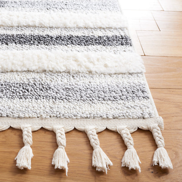 Safavieh Moroccan Tassel Shag Area Rug - Luxurious Comfort With Dynamic Grey Stripes For Modern Interiors Ivory ,Grey Polypropylene Pile Mts648a-8