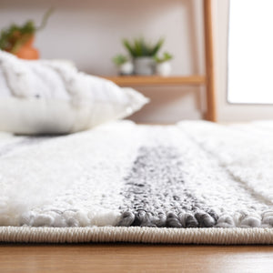 Safavieh Moroccan Tassel Shag Area Rug - Luxurious Comfort With Dynamic Grey Stripes For Modern Interiors Ivory ,Grey Polypropylene Pile Mts648a-8