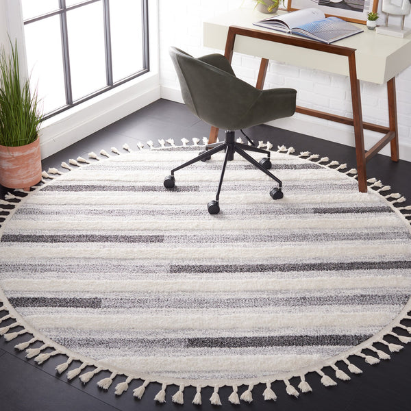 Safavieh Moroccan Tassel Shag Area Rug - Luxurious Comfort With Dynamic Grey Stripes For Modern Interiors Ivory ,Grey Polypropylene Pile Mts648a-8