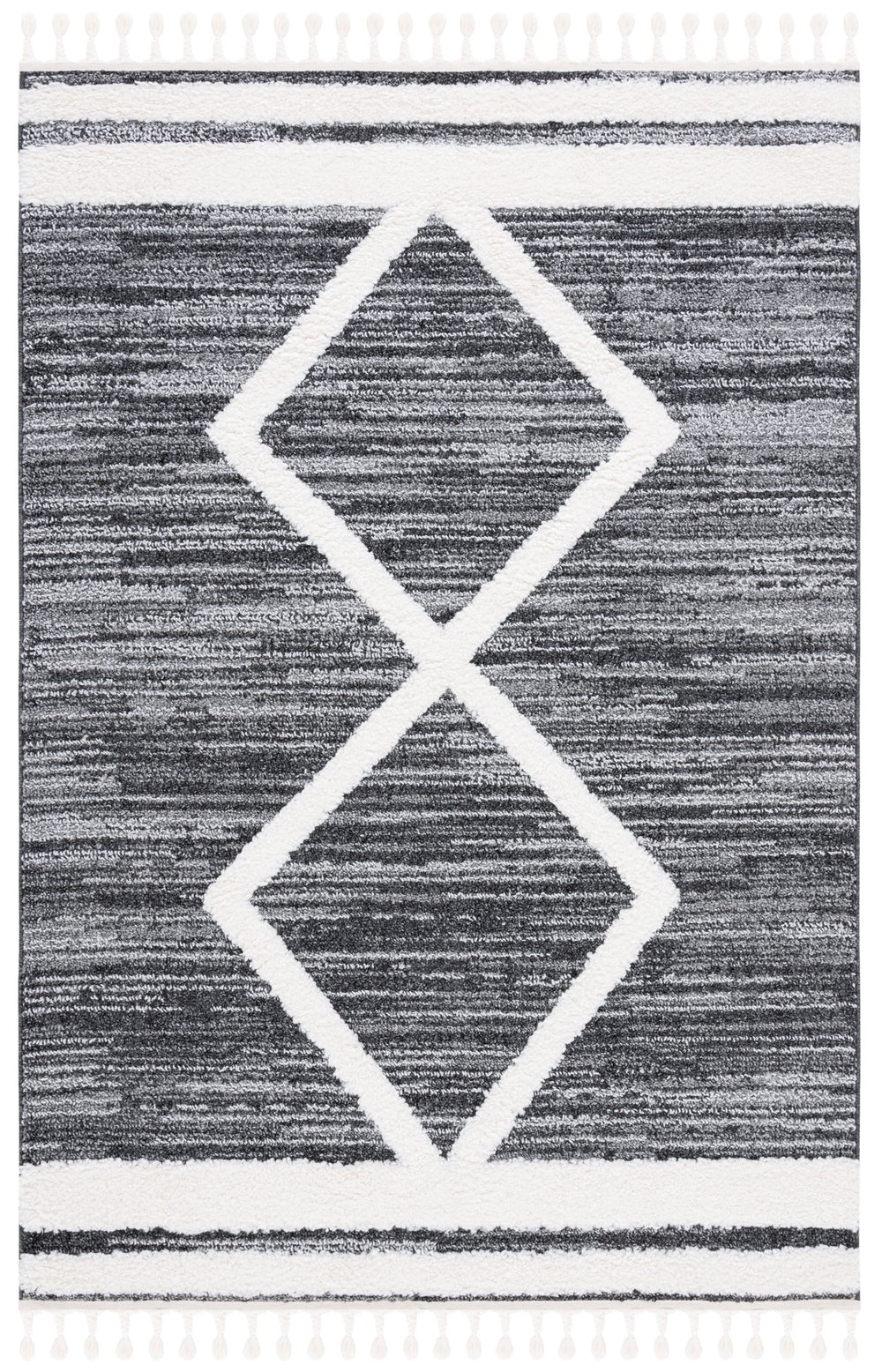 Safavieh Moroccan Tassel Shag Area Rug – Luxurious Power Loomed Design With Timeless Geometric Patterns Black ,Ivory Polypropylene Pile Mts650z-7r