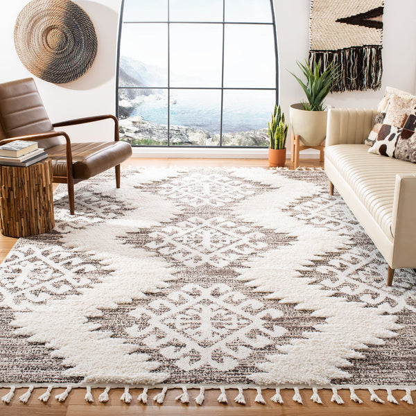Safavieh Moroccan Tassel Shag Rug - Luxurious Ivory And Brown Design For Elegant Home Décor And Comfort Ivory ,Brown Polypropylene Pile Mts652a-220