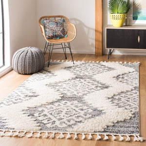 Safavieh Moroccan Tassel Shag Rug - Luxurious Ivory And Brown Design For Elegant Home Décor And Comfort Ivory ,Grey Polypropylene Pile Mts652f-9sq
