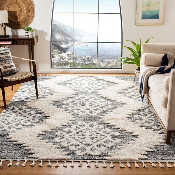 Safavieh Moroccan Tassel Shag Rug - Luxurious Ivory And Brown Design For Elegant Home Décor And Comfort Ivory ,Grey Polypropylene Pile Mts652f-9sq