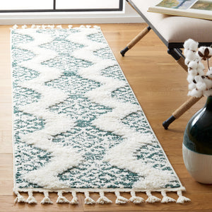 Safavieh Moroccan Tassel Shag Rug In Green Ivory — Plush 2" Pile, Power-Loomed In Turkey, Boho Geometric Accent Piece 4'-0" x 4'-0" MTS652Y-4SQ