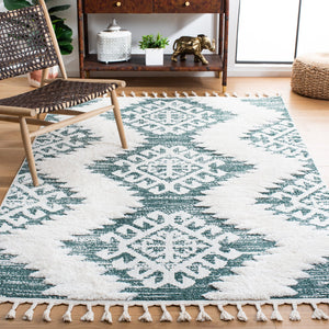 Safavieh Moroccan Tassel Shag Rug In Green Ivory — Plush 2" Pile, Power-Loomed In Turkey, Boho Geometric Accent Piece 4'-0" x 4'-0" MTS652Y-4SQ