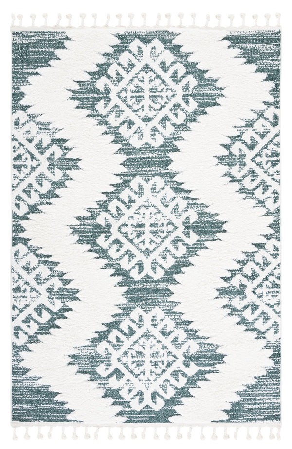 Safavieh Moroccan Round Tassel Shag Rug In Green Ivory – Plush 2” Pile, Boho Geometric Texture, Durable Turkish Power-Loomed 4'-0" x 4'-0" MTS652Y-4R