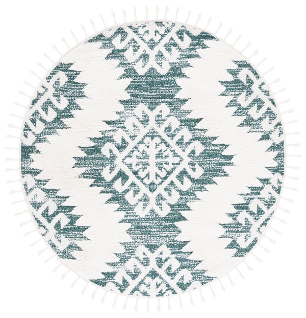 Safavieh Moroccan Tassel Shag Rug In Green Ivory — Plush 2" Pile, Power-Loomed In Turkey, Boho Geometric Accent Piece 4'-0" x 4'-0" MTS652Y-4SQ
