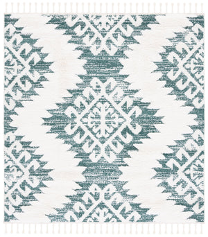 Safavieh Moroccan Round Tassel Shag Rug In Green Ivory – Plush 2” Pile, Boho Geometric Texture, Durable Turkish Power-Loomed 4'-0" x 4'-0" MTS652Y-4R