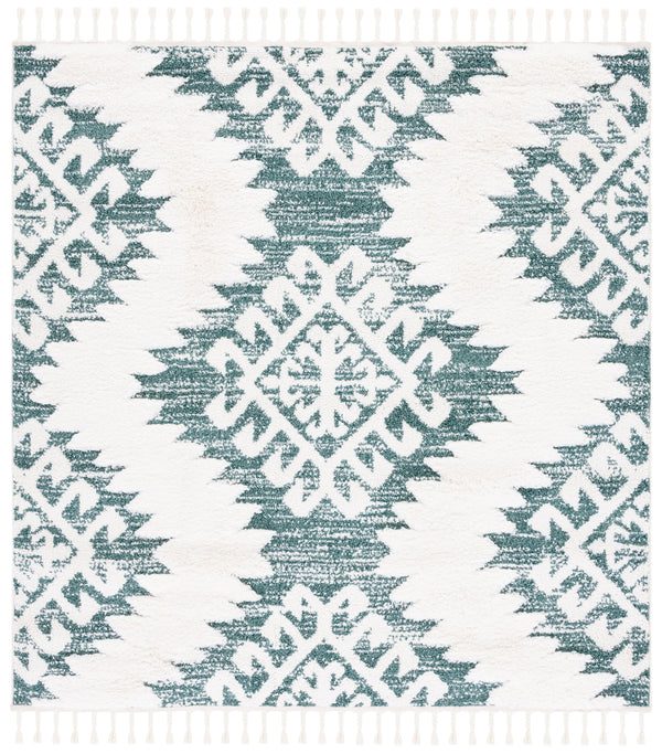 Safavieh Moroccan Tassel Shag Rug In Green Ivory — Plush 2" Pile, Power-Loomed In Turkey, Boho Geometric Accent Piece 4'-0" x 4'-0" MTS652Y-4SQ