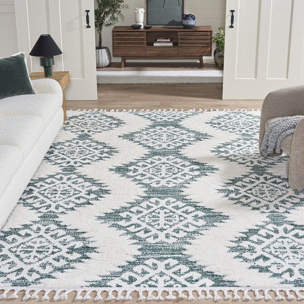 Safavieh Moroccan Round Tassel Shag Rug In Green Ivory – Plush 2” Pile, Boho Geometric Texture, Durable Turkish Power-Loomed 4'-0" x 4'-0" MTS652Y-4R