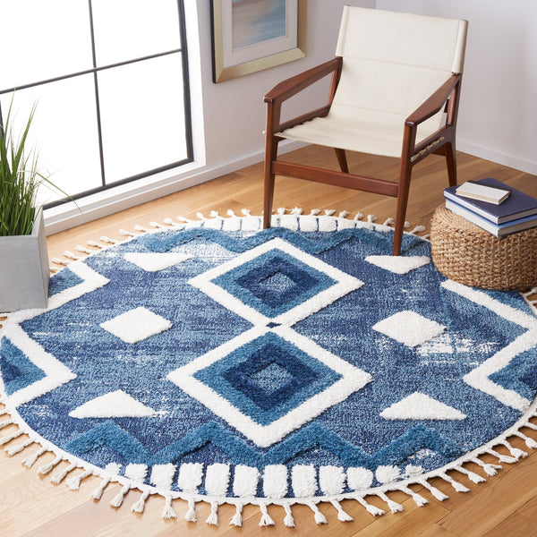 Safavieh Moroccan Tassel Shag Area Rug - Luxurious Grey And Ivory Design Perfect For Modern Home Decor Blue ,Ivory Polypropylene Pile Mts656m-6