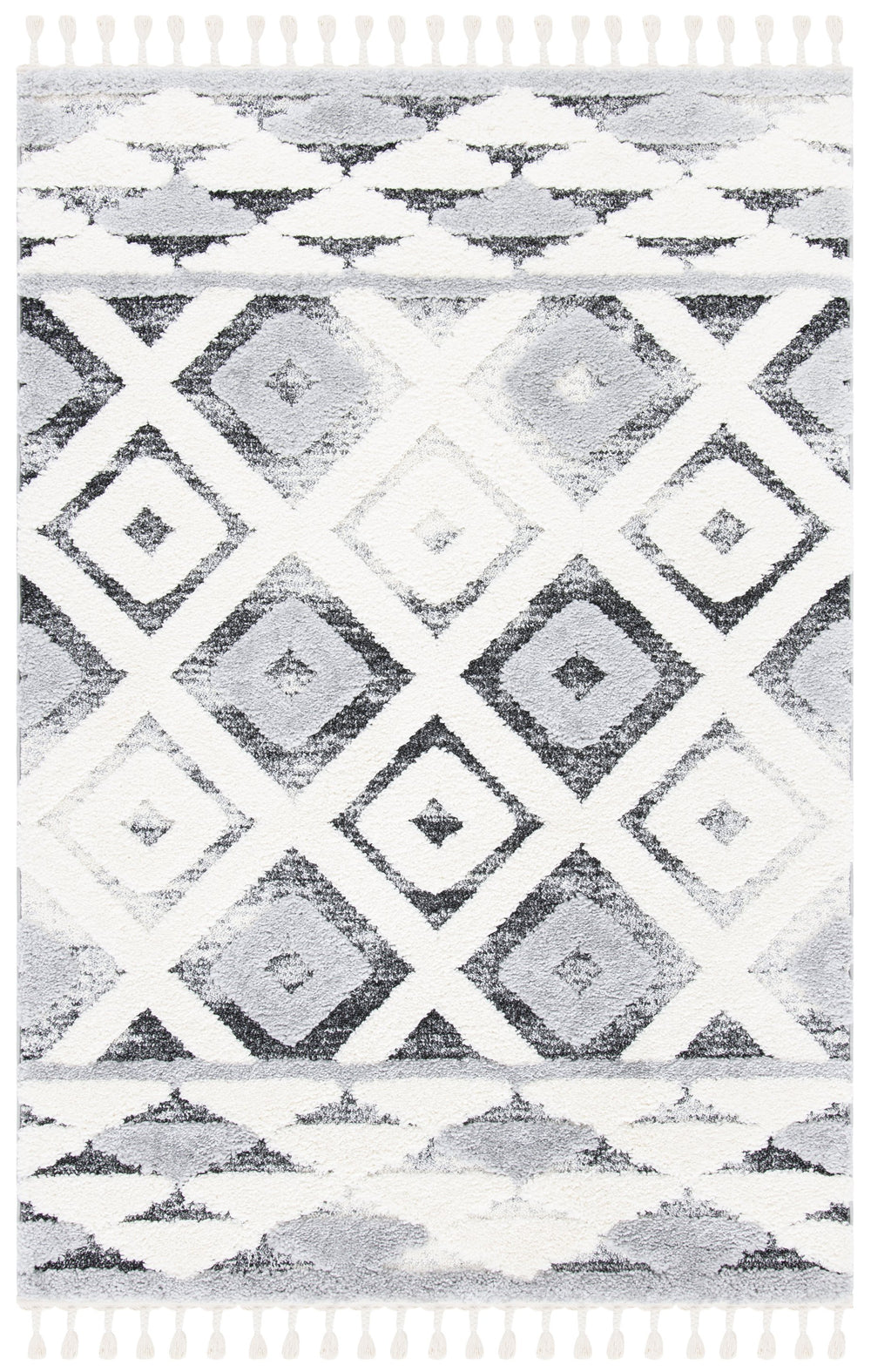 Safavieh Moroccan Tassel Shag Area Rug With Geometric Pattern - Luxurious Grey And Ivory Design For Any Space Grey ,Ivory Polypropylene Pile Mts661f-8