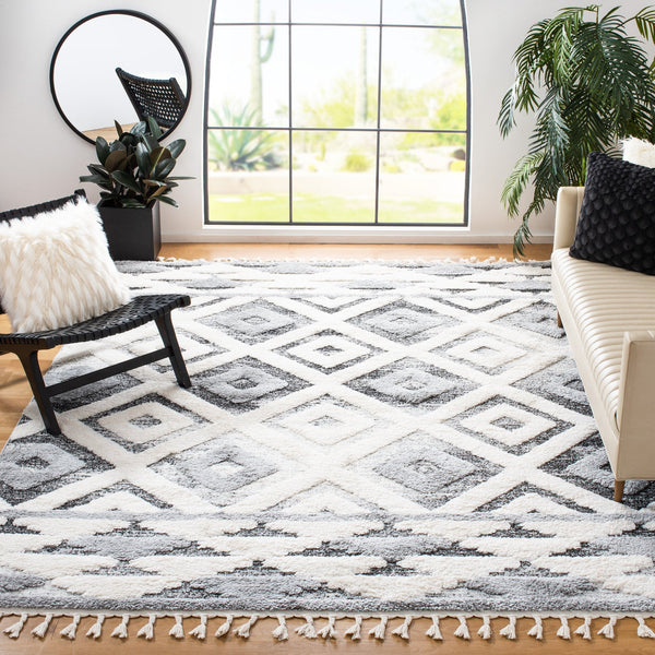 Safavieh Moroccan Tassel Shag Area Rug With Geometric Pattern - Luxurious Grey And Ivory Design For Any Space Grey ,Ivory Polypropylene Pile Mts661f-8