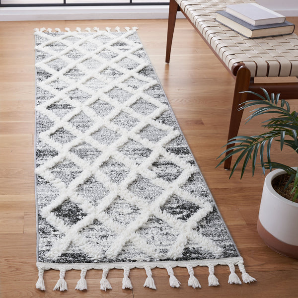 Safavieh Moroccan Tassel Shag Rug - Luxurious Power-loomed Design In Timeless Diamond Pattern For Any Room Grey ,Ivory Polypropylene Pile Mts674f-7sq