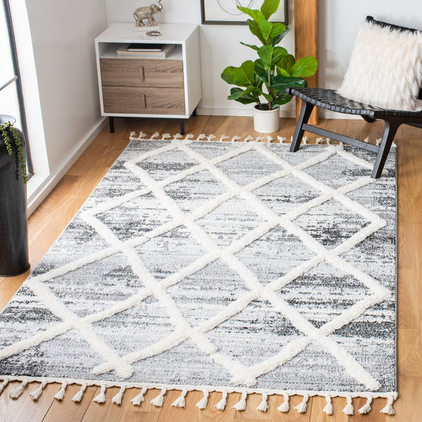 Safavieh Moroccan Tassel Shag Rug - Luxurious Power-loomed Design In Timeless Diamond Pattern For Any Room Grey ,Ivory Polypropylene Pile Mts674f-7sq