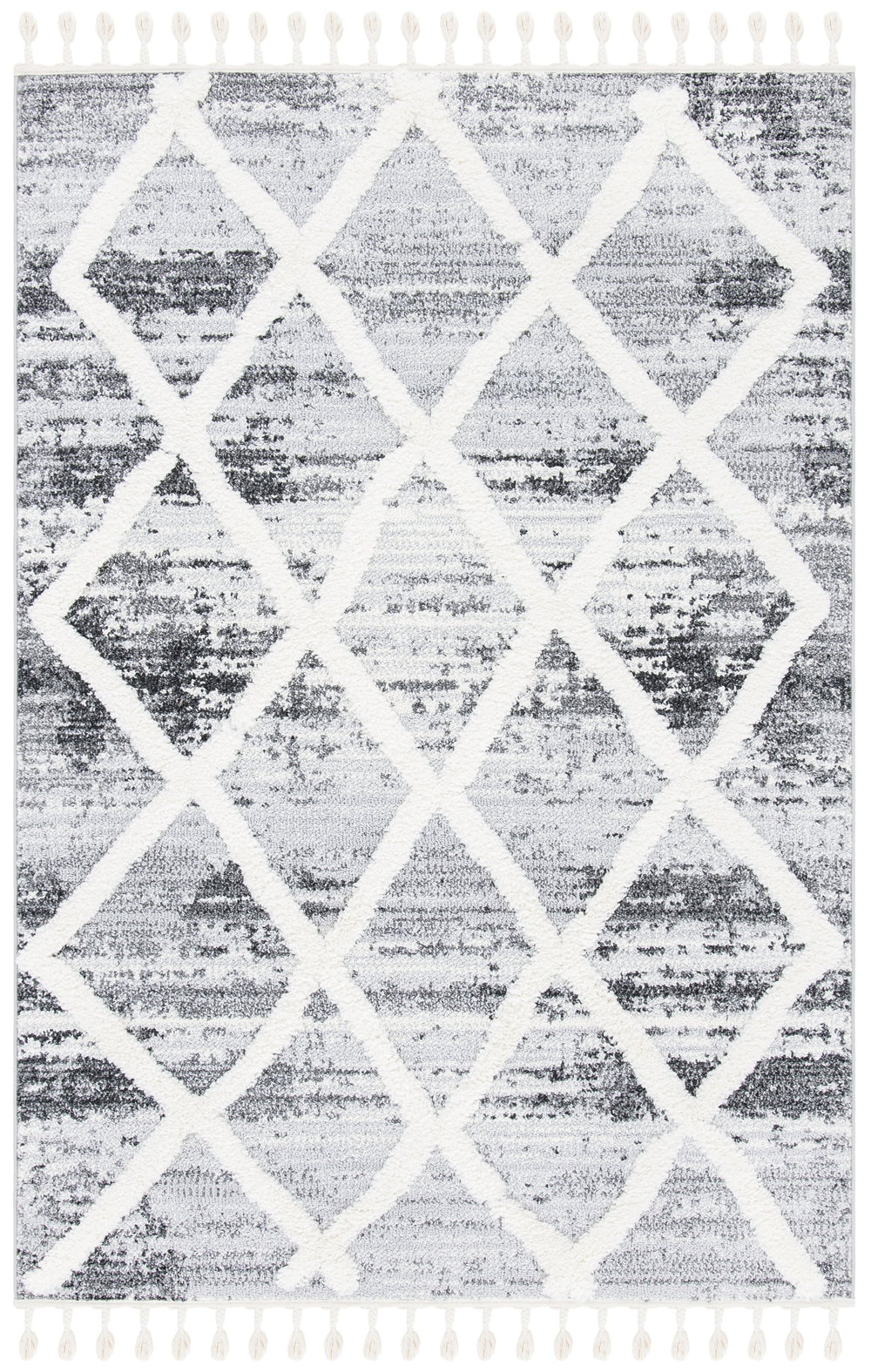 Safavieh Moroccan Tassel Shag Rug - Luxurious Power-loomed Design In Timeless Diamond Pattern For Any Room Grey ,Ivory Polypropylene Pile Mts674f-7sq