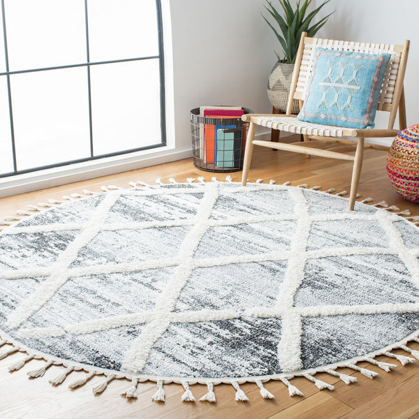 Safavieh Moroccan Tassel Shag Rug - Luxurious Power-loomed Design In Timeless Diamond Pattern For Any Room Grey ,Ivory Polypropylene Pile Mts674f-7sq