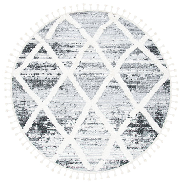 Safavieh Moroccan Tassel Shag Rug - Luxurious Power-loomed Design In Timeless Diamond Pattern For Any Room Grey ,Ivory Polypropylene Pile Mts674f-7sq