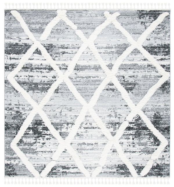 Safavieh Moroccan Tassel Shag Rug - Luxurious Power-loomed Design In Timeless Diamond Pattern For Any Room Grey ,Ivory Polypropylene Pile Mts674f-7sq