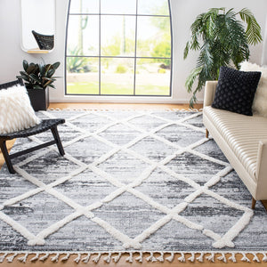Safavieh Moroccan Tassel Shag Rug - Luxurious Power-loomed Design In Timeless Diamond Pattern For Any Room Grey ,Ivory Polypropylene Pile Mts674f-7sq