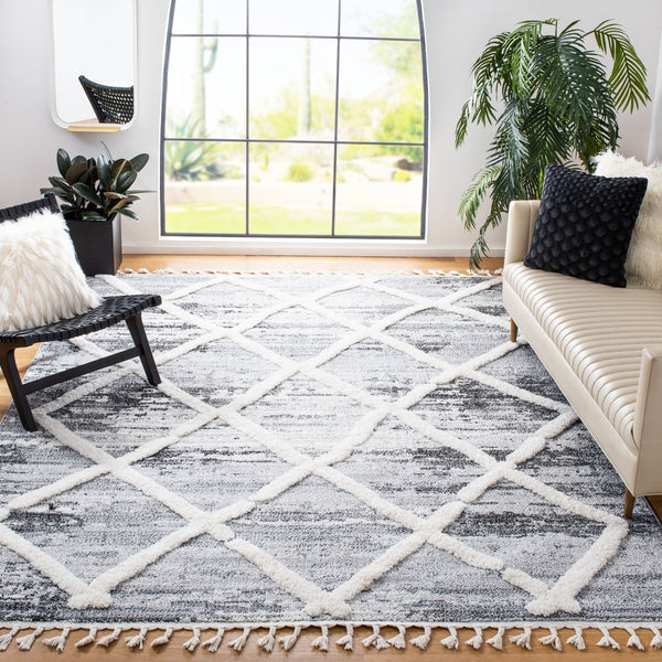 Safavieh Moroccan Tassel Shag Rug - Luxurious Power-loomed Design In Timeless Diamond Pattern For Any Room Grey ,Ivory Polypropylene Pile Mts674f-7sq