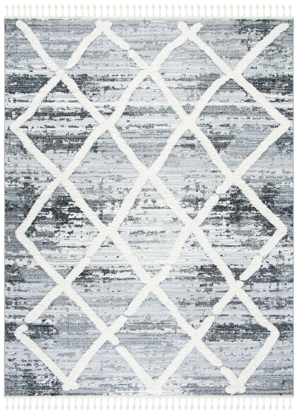 Safavieh Moroccan Tassel Shag Rug - Luxurious Power-loomed Design In Timeless Diamond Pattern For Any Room Grey ,Ivory Polypropylene Pile Mts674f-7sq