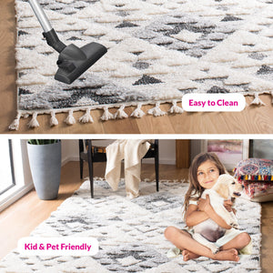 Safavieh Moroccan Area Rug - Luxurious Plush Shag Design With Geometric Pattern For Elegant Home Decor Ivory ,Grey 65% Polypropylene,35% Jute + Poly,Cotton Mts688f-12r