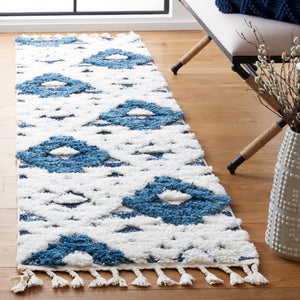 Safavieh Moroccan Handloom Tassel Shag Runner 2'3" X16' Blue Ivory Geometric Boho 2" Pile Durable Care MTS688M-216