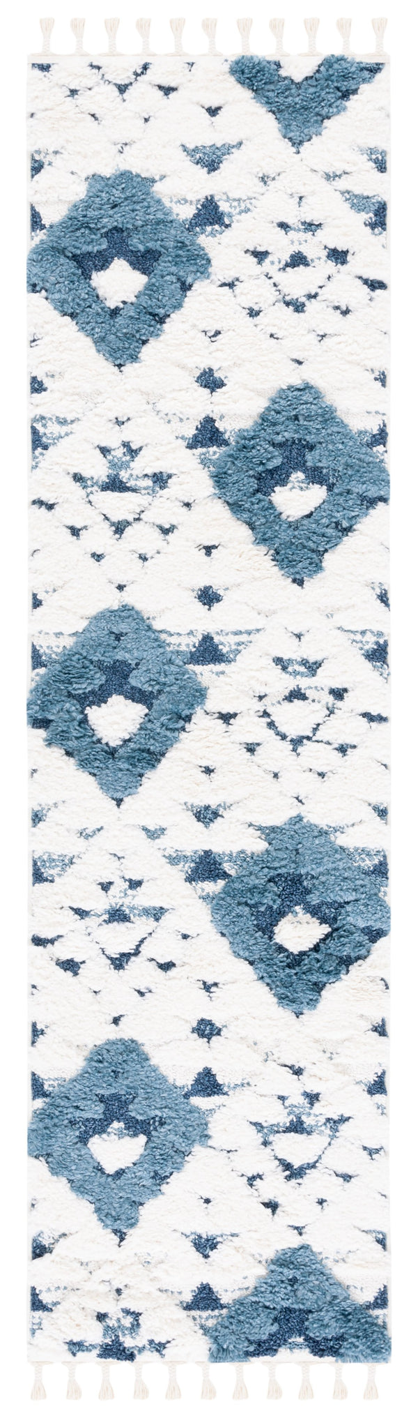 Safavieh Moroccan Handloom Tassel Shag Runner 2'3" X16' Blue Ivory Geometric Boho 2" Pile Durable Care MTS688M-216