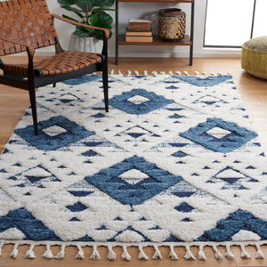 Safavieh Moroccan Handloom Tassel Shag Runner 2'3" X16' Blue Ivory Geometric Boho 2" Pile Durable Care MTS688M-216