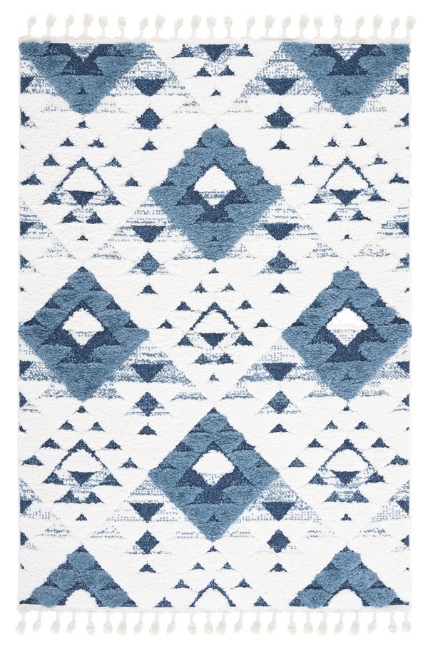 Safavieh Moroccan Handloom Tassel Shag Runner 2'3" X16' Blue Ivory Geometric Boho 2" Pile Durable Care MTS688M-216