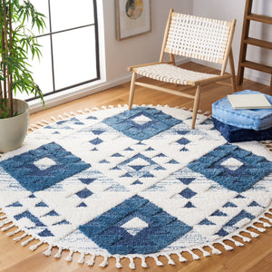Safavieh Moroccan Handloom Tassel Shag Runner 2'3" X16' Blue Ivory Geometric Boho 2" Pile Durable Care MTS688M-216
