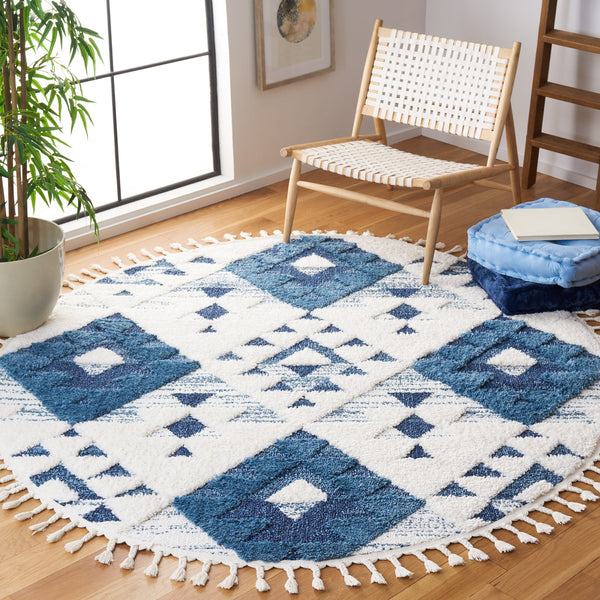 Safavieh Moroccan Handloom Tassel Shag Runner 2'3" X16' Blue Ivory Geometric Boho 2" Pile Durable Care MTS688M-216