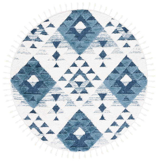 Safavieh Moroccan Handloom Tassel Shag Runner 2'3" X16' Blue Ivory Geometric Boho 2" Pile Durable Care MTS688M-216