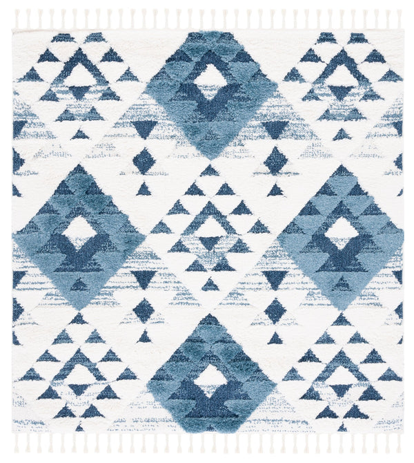 Safavieh Moroccan Handloom Tassel Shag Runner 2'3" X16' Blue Ivory Geometric Boho 2" Pile Durable Care MTS688M-216