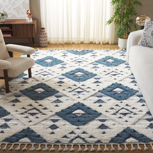 Safavieh Moroccan Handloom Tassel Shag Runner 2'3" X16' Blue Ivory Geometric Boho 2" Pile Durable Care MTS688M-216