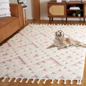 Safavieh Moroccan Tassel Shag Rug - Elegant Bohemian Design For Cozy Home Decor - Turkish Quality Craftsmanship Ivory ,Pink 65% Polypropylene,35% Jute + Poly,Cotton Mts688u-3r