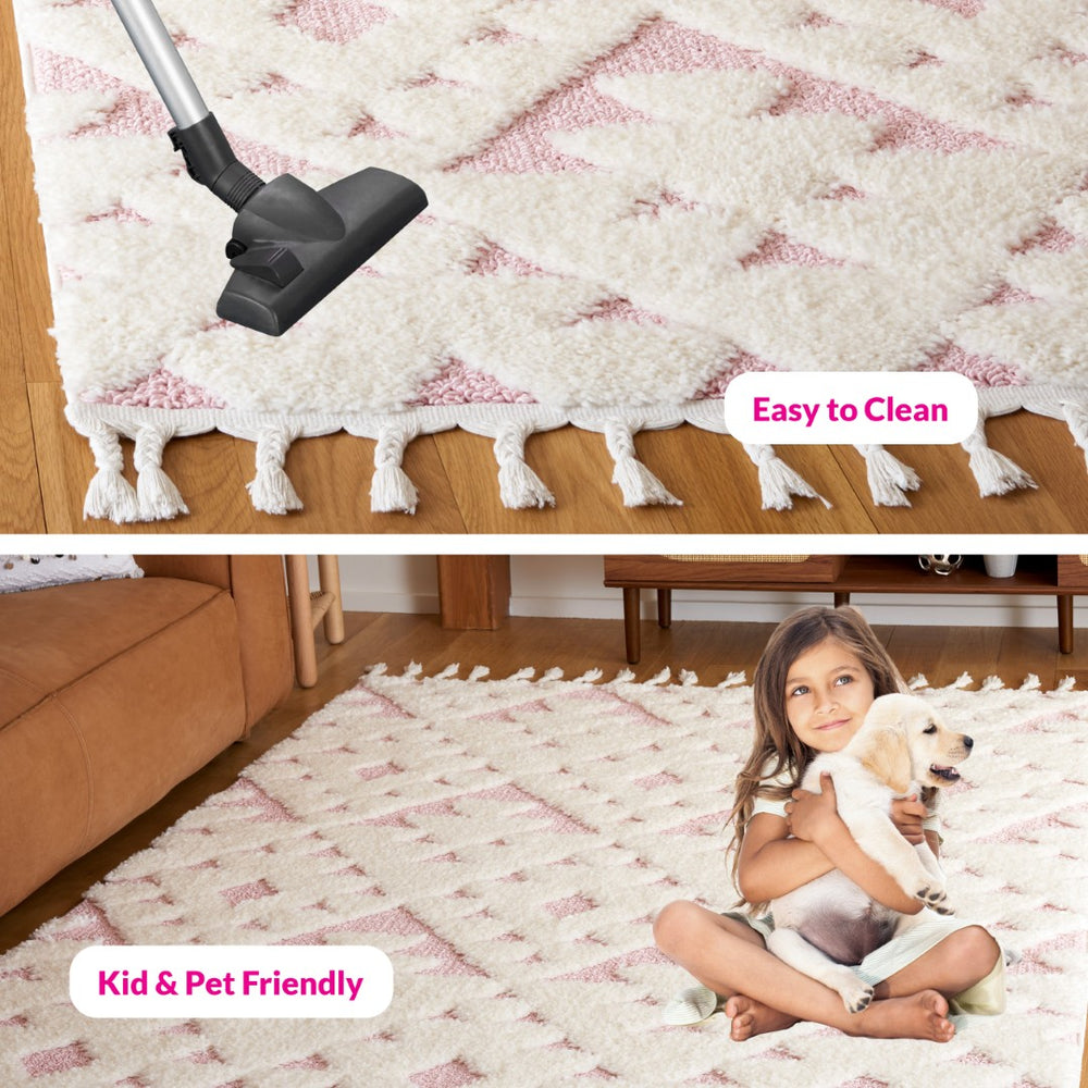 Safavieh Moroccan Tassel Shag Rug - Elegant Bohemian Design For Cozy Home Decor - Turkish Quality Craftsmanship Ivory ,Pink 65% Polypropylene,35% Jute + Poly,Cotton Mts688u-3r