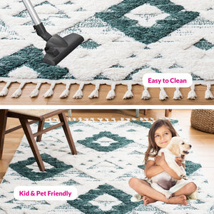 Safavieh Moroccan Area Rug - Luxurious Plush Shag Design With Geometric Pattern For Elegant Home Decor Green ,Ivory 65% Polypropylene,35% Jute + Poly,Cotton Mts688y-8