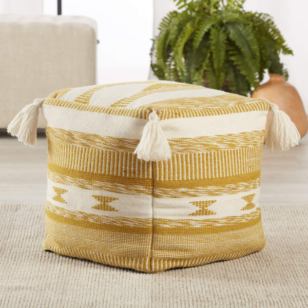 Jaipur Living Jaipur Living Mayven Tribal Geometric Cube Pouf Tasseled Boho Indoor Outdoor Seating POF100498