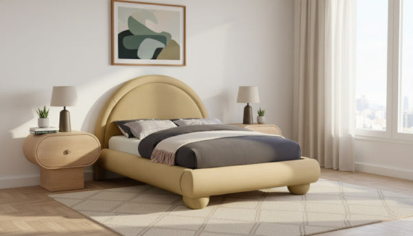Meridian Furniture Madrid Art Deco Arched Full Bed Plush Velvet Upholstered Sculptural Headboard for Bedroom Beige MadridBeige-F