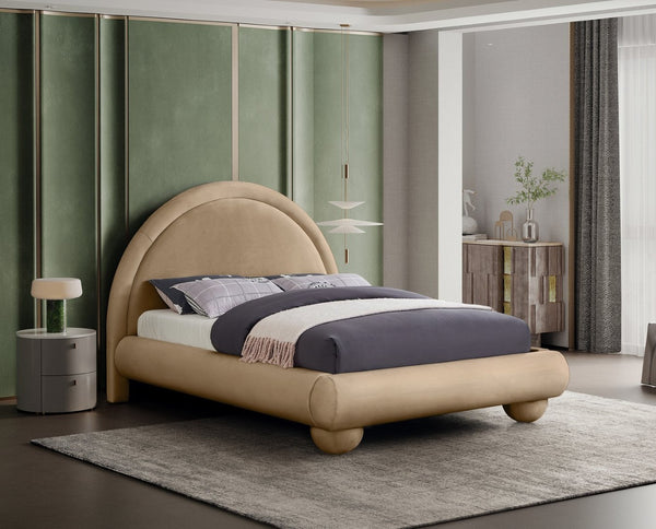 Meridian Furniture Madrid Art Deco Arched Velvet King Bed Sculptural Headboard Eucalyptus Wood Elegant Bedroom Beige MadridBeige-K