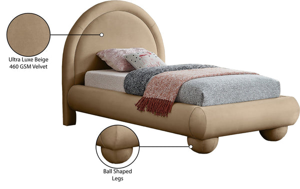 Meridian Furniture Madrid Art Deco Arched Twin Bed Plush Velvet Upholstered Sculptural Frame for Stylish Bedrooms Beige MadridBeige-T