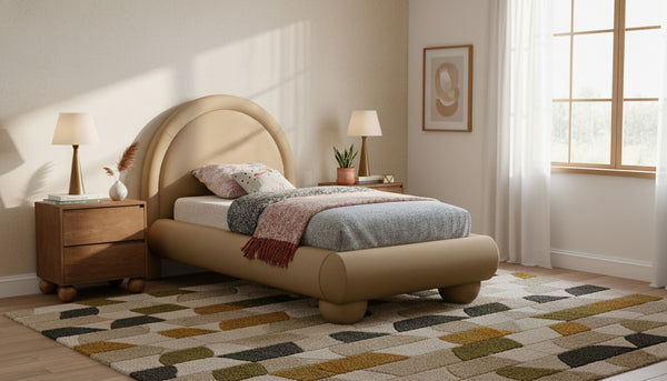 Meridian Furniture Madrid Art Deco Arched Twin Bed Plush Velvet Upholstered Sculptural Frame for Stylish Bedrooms Beige MadridBeige-T