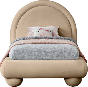 Meridian Furniture Madrid Art Deco Arched Twin Bed Plush Velvet Upholstered Sculptural Frame for Stylish Bedrooms Beige MadridBeige-T