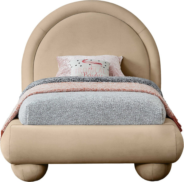 Meridian Furniture Madrid Art Deco Arched Twin Bed Plush Velvet Upholstered Sculptural Frame for Stylish Bedrooms Beige MadridBeige-T
