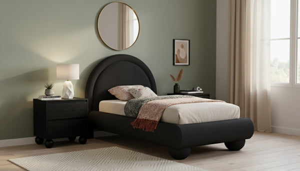 Meridian Furniture Madrid Art Deco Arched Twin Bed Plush Velvet Upholstered Sculptural Frame for Stylish Bedrooms Black MadridBlack-T