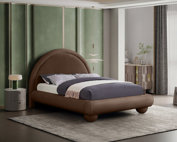 Meridian Furniture Madrid Arched Velvet Queen Bed Art Deco Sculpted Headboard Elegant Bedroom Centerpiece Brown MadridBrown-Q